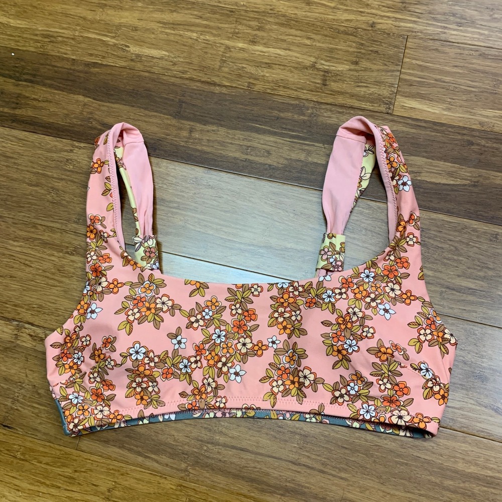 Aerie Scoop Bikini Top Womens Size Medium Floral Pink Yellow Green‎ Retro Style